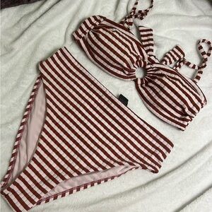 Striped Rust & White Ring-Front Bikini Set